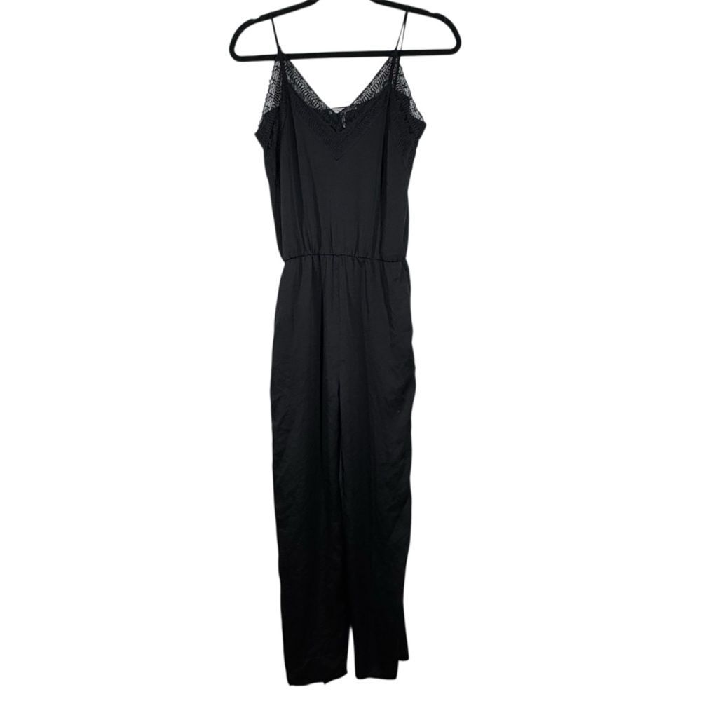 Maje Paulie Lace Trimmed Satin Jumpsuit Black Size 2 Medium Whimsigoth Romantic